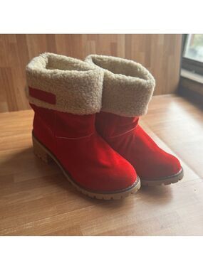 Red suede like heeled booties with Sherpa like trim size 8.5